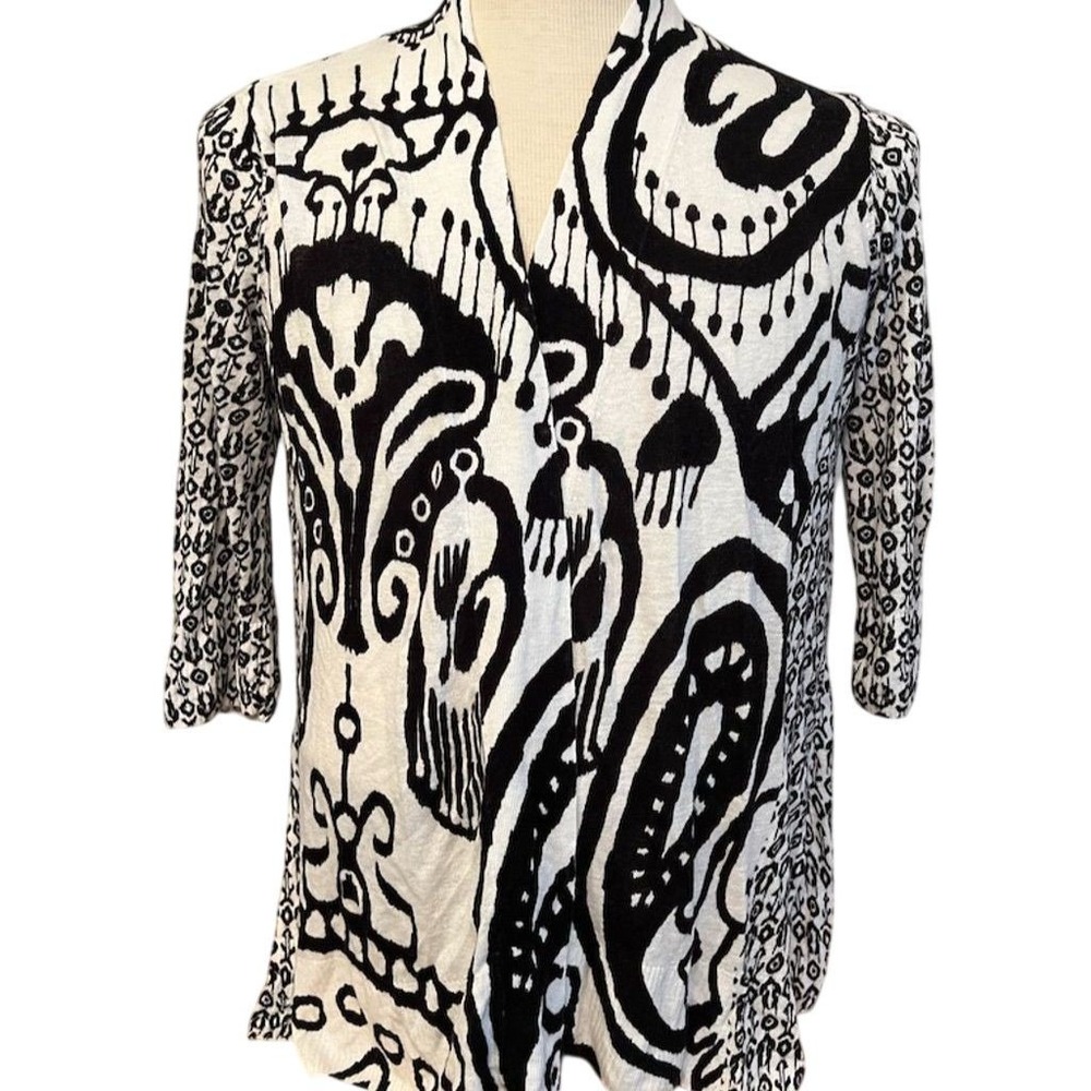 Chico's 2 linen Black White Abstract Open Cardigan Sweater L art to wear women's